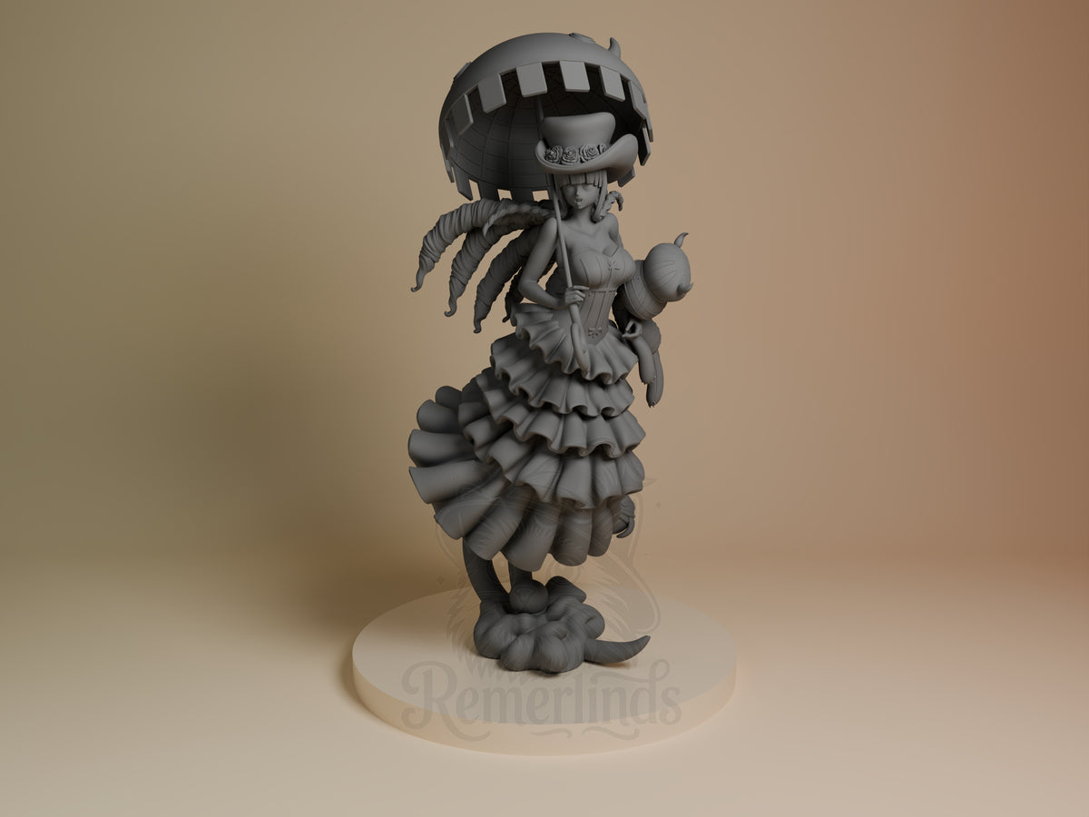 View shows Perona from One Piece, an unpainted resin figure holding staff on sculpted base.