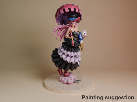 Perona resin figure from One Piece, painted in pink and black outfit, holding small dog companion, standing on cloud base with large parasol overhead.