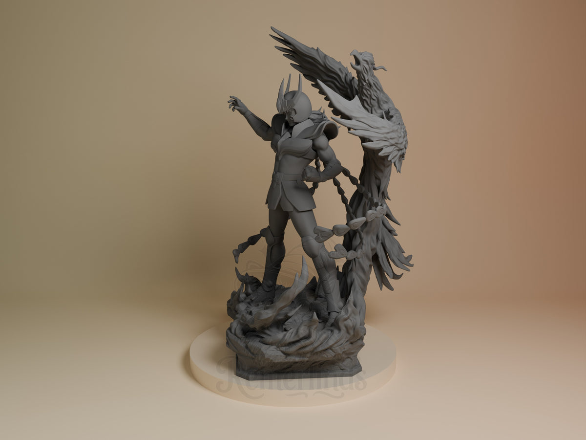 Phoenix Ikki resin figure mid-combat pose against a dragon enemy on textured base, unpainted gray finish, dynamic angled view.