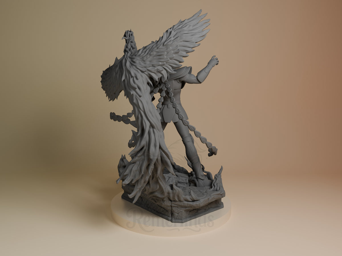 Phoenix Ikki resin figure shown from back, displaying large feathered wings, armored torso, and detailed base, unpainted gray resin.