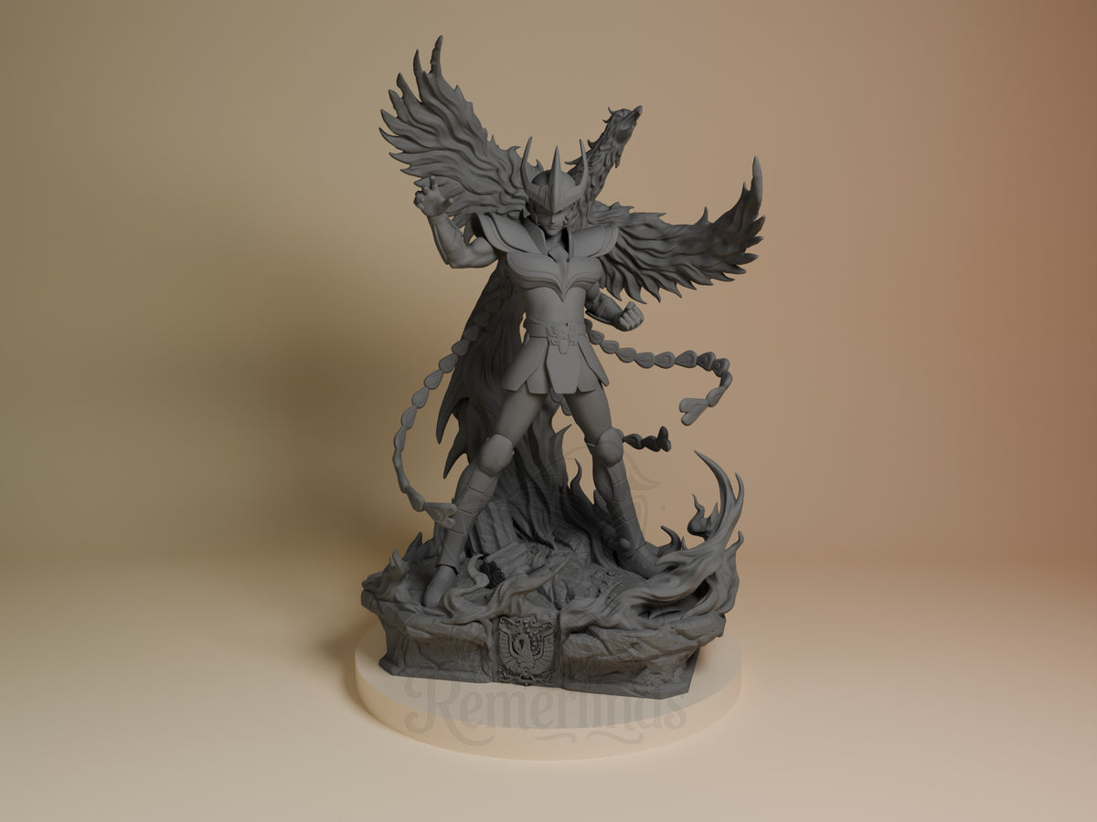 Phoenix Ikki resin figure from Saint Seiya, unpainted gray resin, wings spread wide, dynamic pose on ornate base, front view.