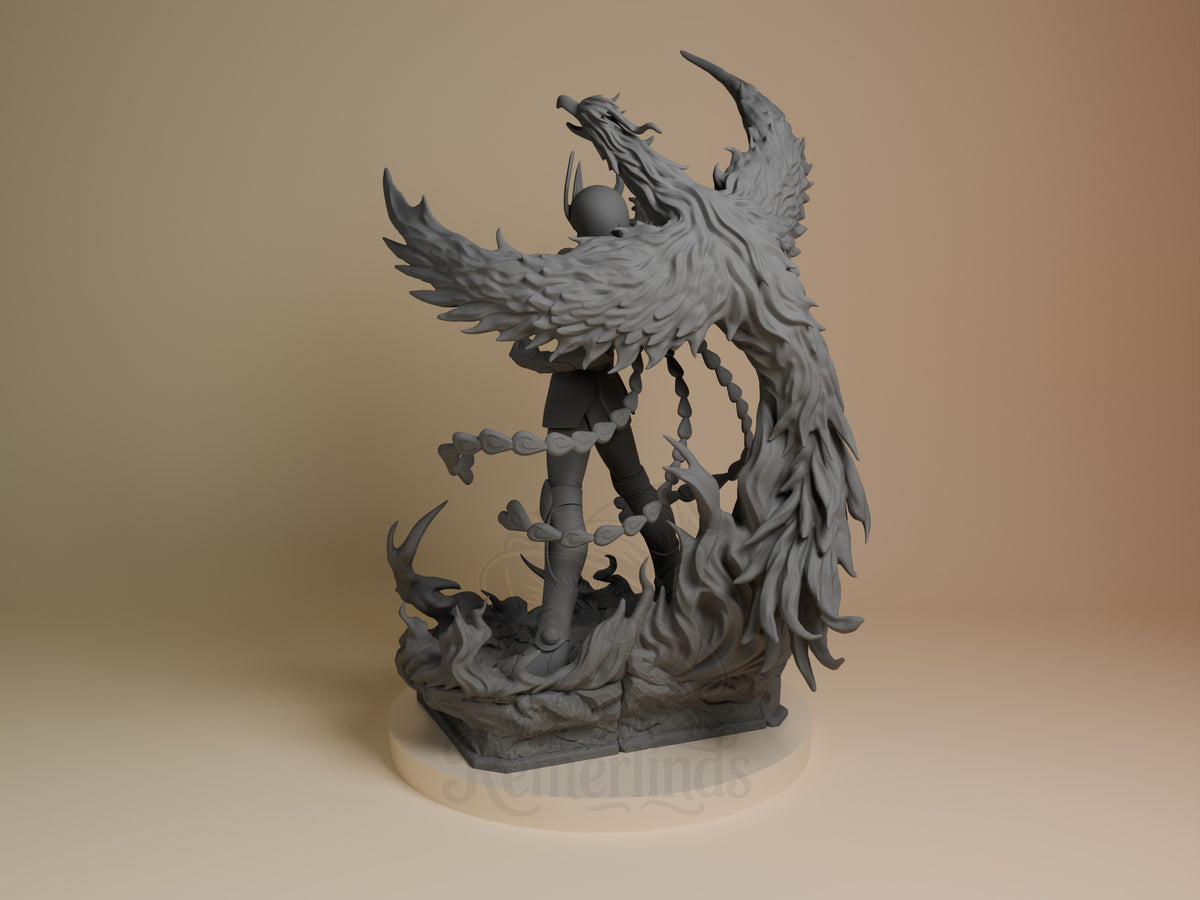 Phoenix Ikki resin figure shown from left angle, unpainted gray resin, dynamic pose with large feathered wings spread, chain accessory, on rounded base.