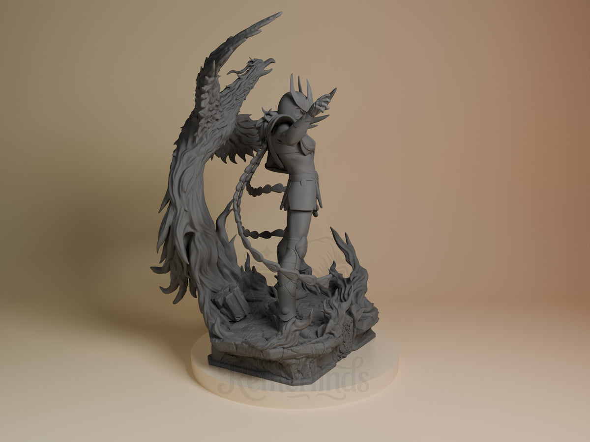 Phoenix Ikki resin figure from Saint Seiya, right side view showing detailed wings, armor, and spiked helmet on ornate base, unpainted gray resin.