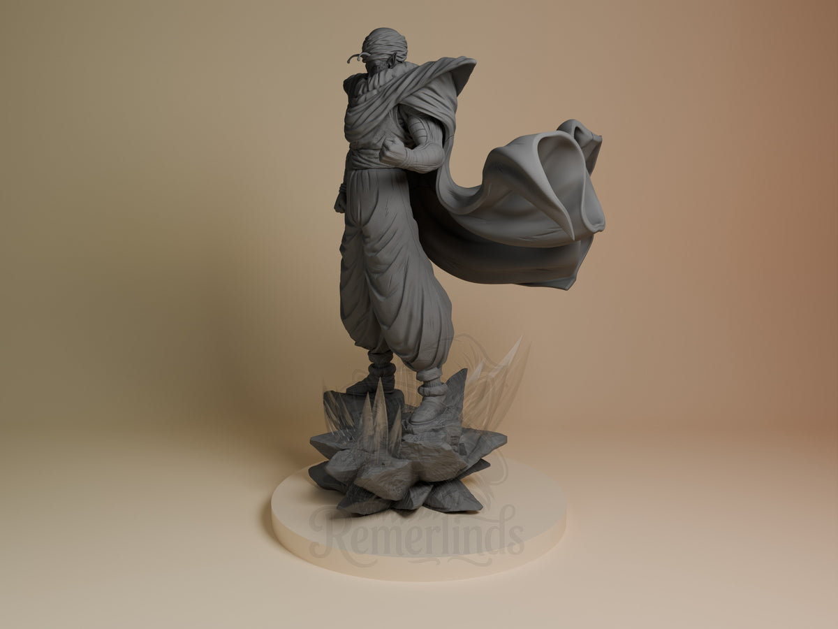 Green Warrior Monk resin figure in dynamic pose with flowing robes and fabric, shown from angled side view on textured base.