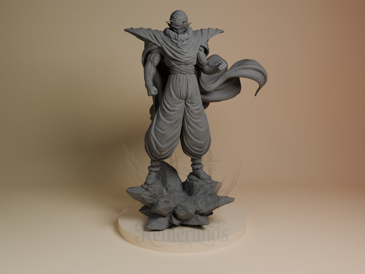 Green Warrior Monk resin figure from Dragon Sphere Y in unpainted gray, posed with arms spread wide, flowing robes and cape, on rocky base, front view.