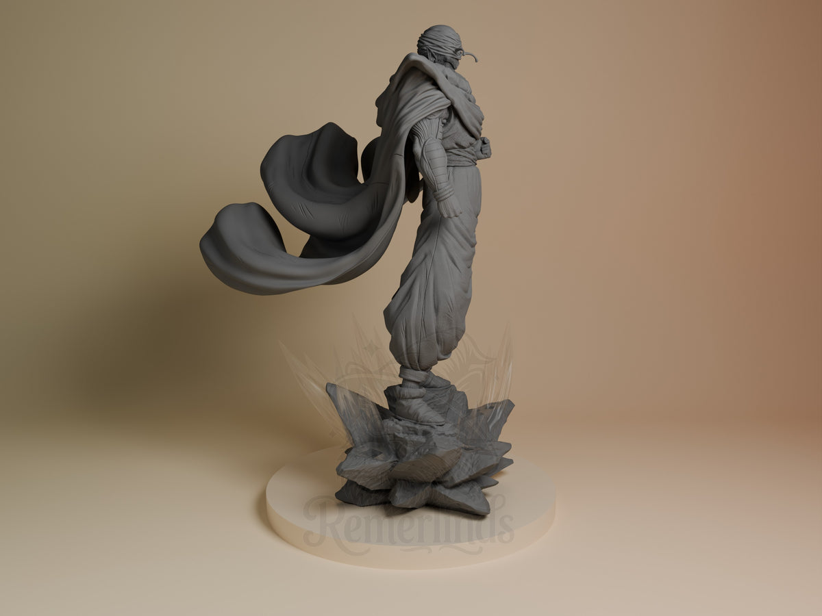 Green Warrior Monk resin figure from Dragon Sphere Y, unpainted gray, shown from side angle holding flowing fabric, standing on lotus base.