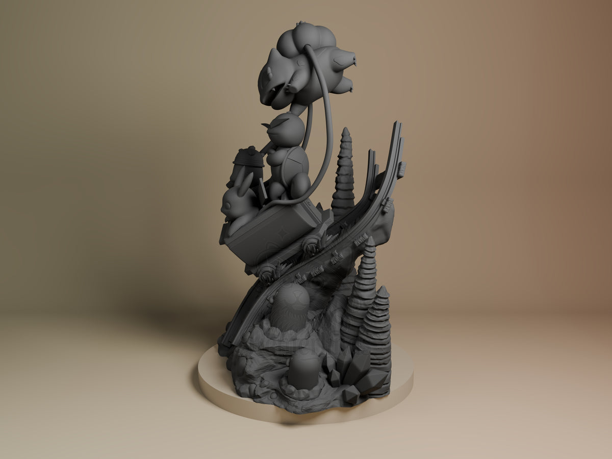 Angled view of an unpainted Pikachu, Bulbasaur, Charmander, Squirtle and Digidas resin figure from Pokémon on a sculpted ba￼.