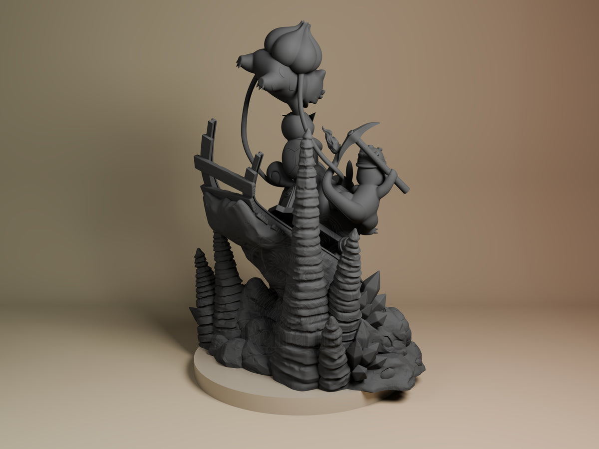 Unpainted back view of a Pokémon resin figure featuring Pikachu, Bulbasaur, Charmander, Squirtle and Digidas on a sculpted, .