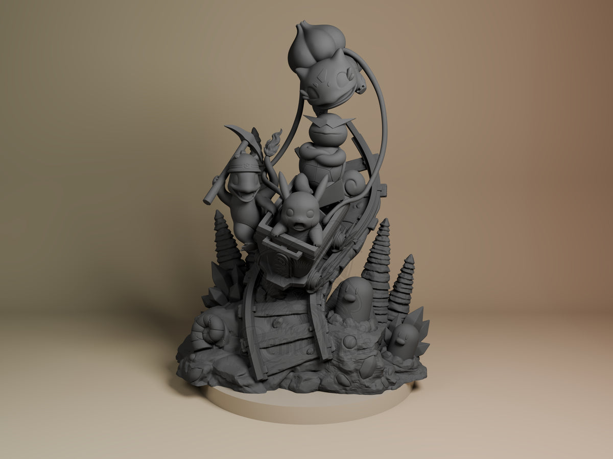 Front view: unpainted resin figure with Pikachu, Bulbasaur, Charmander, Squirtle and Digidas from Pokémon on sculpted base.