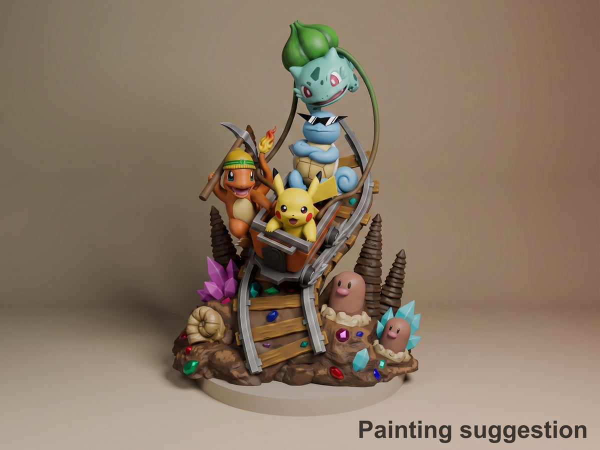 Painted Pokémon resin figure shows Pikachu, Bulbasaur, Charmander, Squirtle and Digidas on a sculpted mine-cart base.