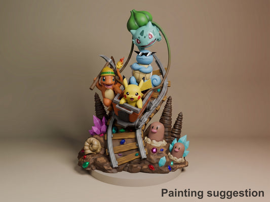 Pikachu, Bulbasaur, Charmander, Squirtle & Digidas Pocket Specters 3D printed resin figure by Nomnom, colored view.