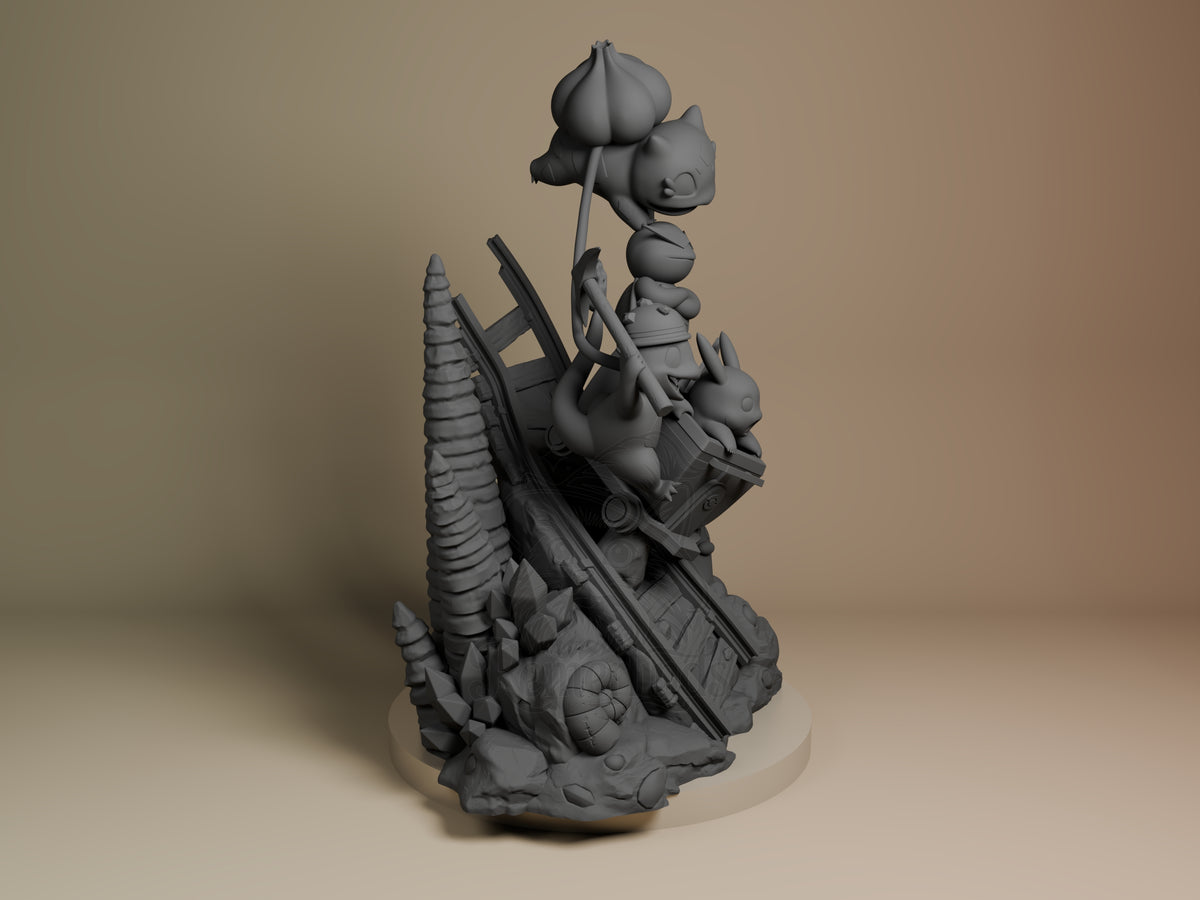 Unpainted resin figure of Pikachu, Bulbasaur, Charmander, Squirtle and Digidas from Pokémon, right view on sculpted base.