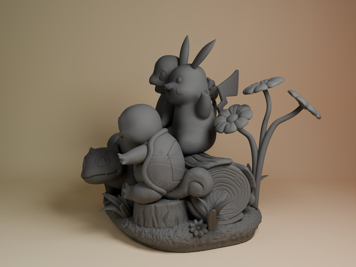 Angled unpainted resin figure of Pikachu, Charmander, Bulbasaur and Squirtle from Pokémon on a sculpted base.