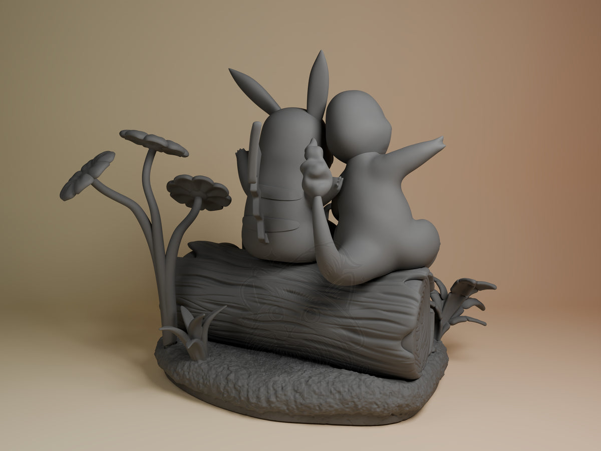 Unpainted rear view shows Pikachu, Charmander, Bulbasaur and Squirtle Pokémon resin figure on a sculpted base.