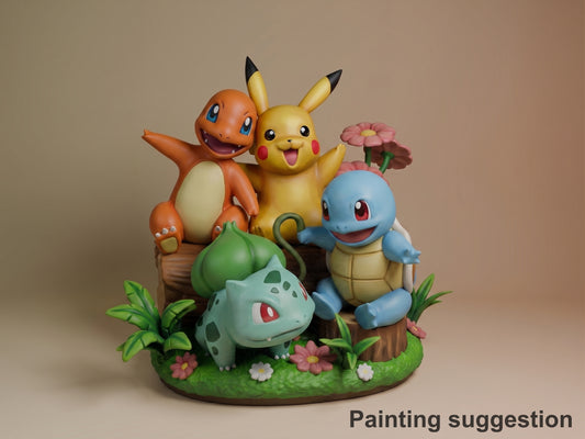 Painted resin figure of Pikachu, Charmander, Bulbasaur, and Squirtle on a green base with flowers, displayed at three-quarter angle.