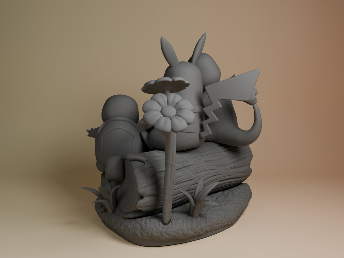 Left-angle unpainted resin figure of Pokémon’s Pikachu, Charmander, Bulbasaur and Squirtle on a log base.