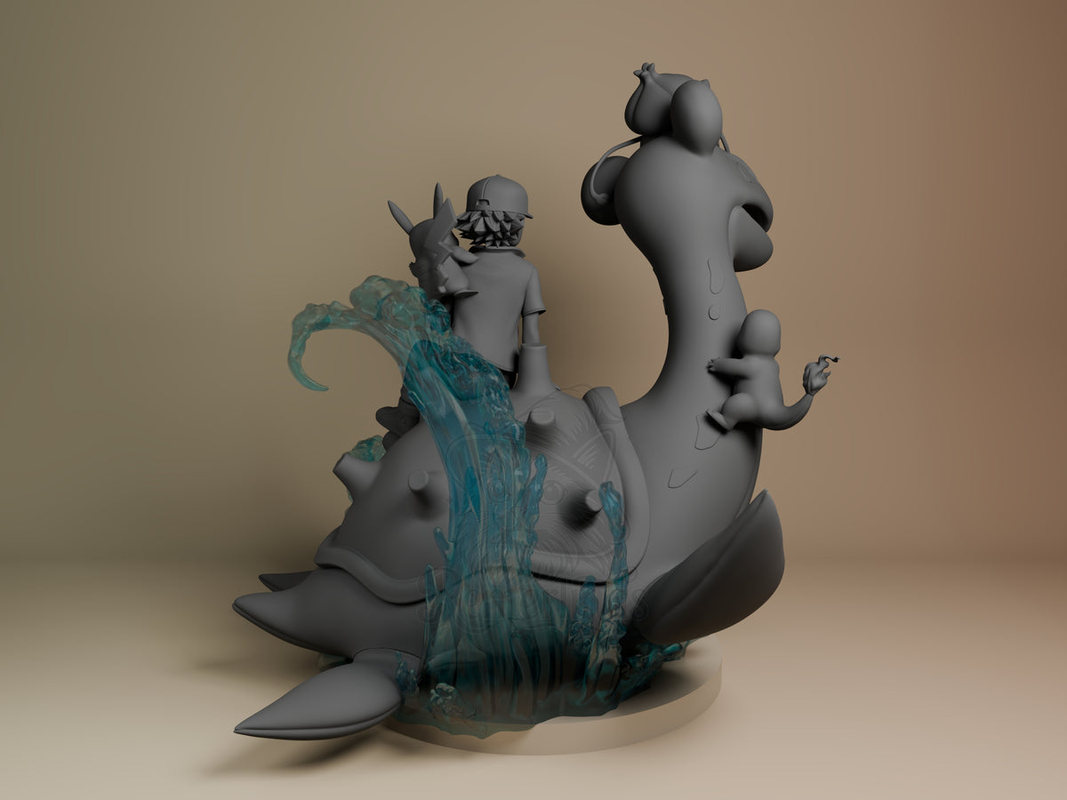 Ash, Lapras, Pikachu, Charmander, Bulbasaur & Squirtle Pocket Specters 3D printed resin Diorama by myAnimate, angled view showing dimensional details.