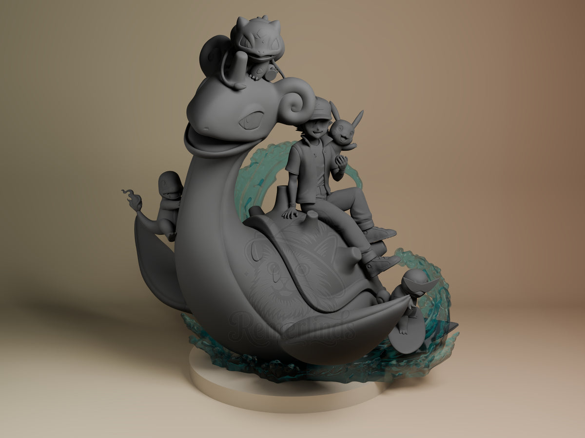 Ash, Lapras, Pikachu, Charmander, Bulbasaur & Squirtle Pocket Specters 3D printed resin Diorama by myAnimate, unpainted front view. This diorama showcases Ash comfortably seated on the back of Lapras, surrounded by his Pokémon companions Pikachu, Charmander, Bulbasaur, and Squirtle. The dynamic composition features a flowing water splash base that adds movement and brings the group together in a harmonious and lively scene.