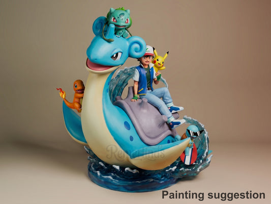 Pokémon resin diorama featuring Ash riding Lapras with Pikachu, surrounded by Charmander, Bulbasaur, and Squirtle on a painted wave base.