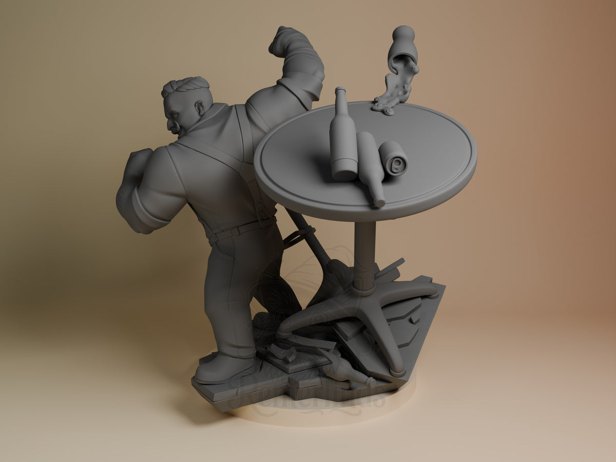 Punch Up from Dispatch is an unpainted resin figure viewed at an angle beside a round table on a sculpted base.