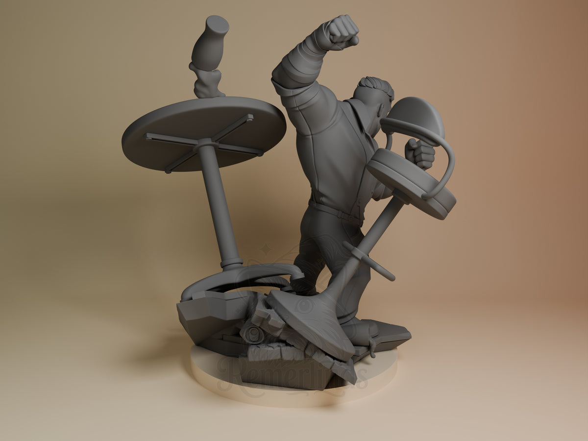Back view of unpainted Punch Up resin figure from Dispatch, posed with gear on a sculpted base.