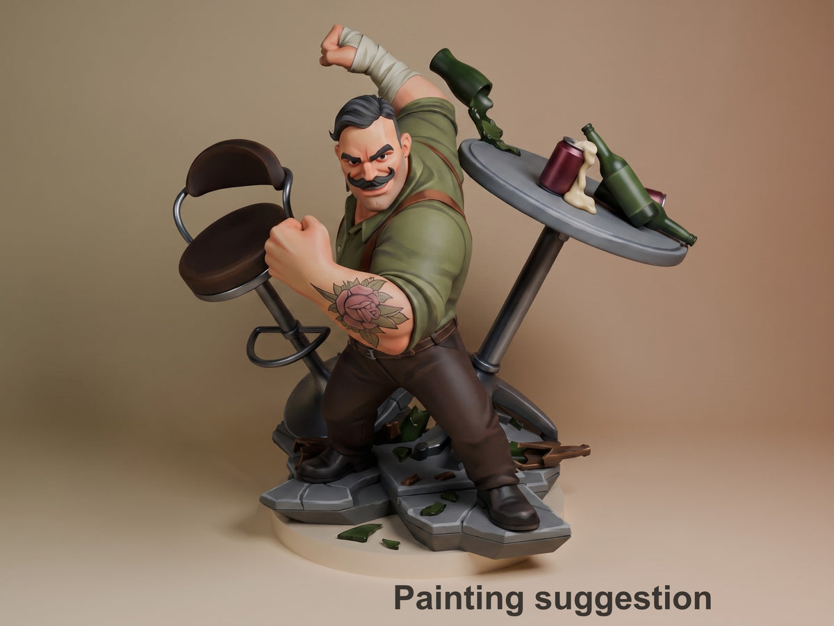 Painted resin figure of Punch Up from Dispatch lunges forward over drums on a broken base.
