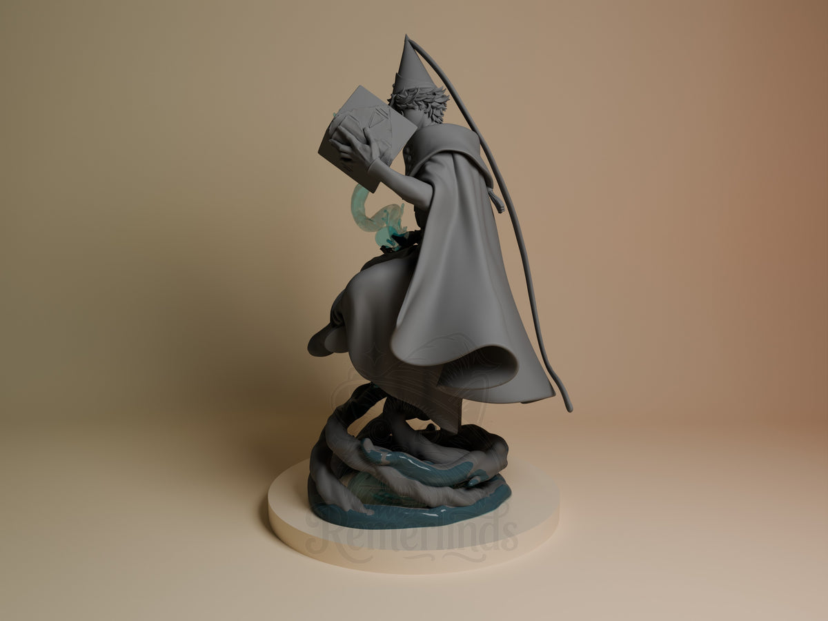 Qifrey resin figure from Witch Hat Atelier shown at angle, displaying pointed hat, robed body, and detailed base with teal accents.