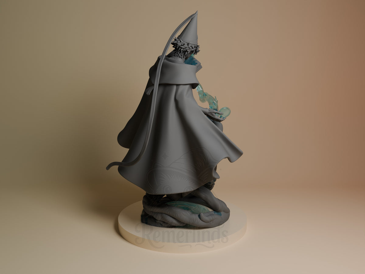 Qifrey resin figure from back, showing pointed hat, flowing cloak with turquoise accents, staff, and painted details on cream base.