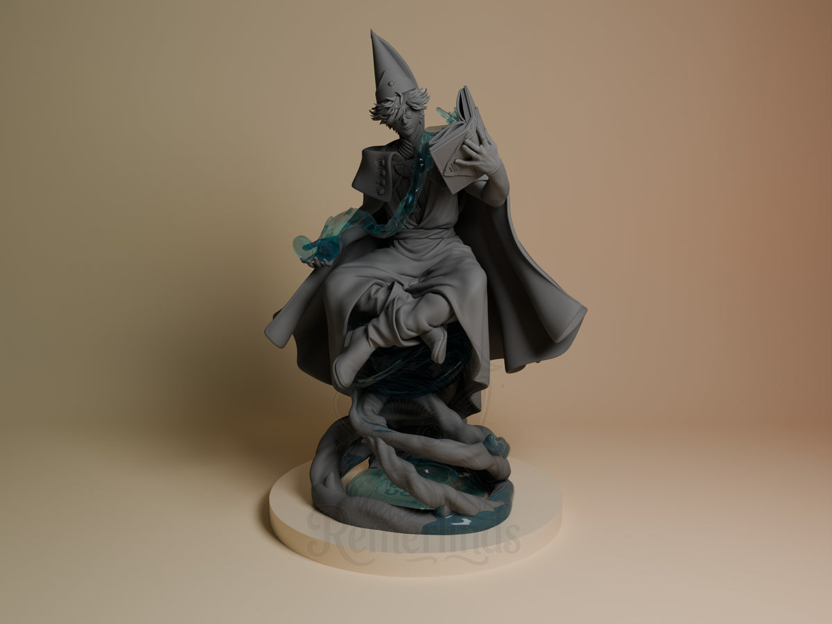 Qifrey resin figure from Witch Hat Atelier, front view, seated on serpent base with pointed hat and flowing robes, partial paint applied, cream base.