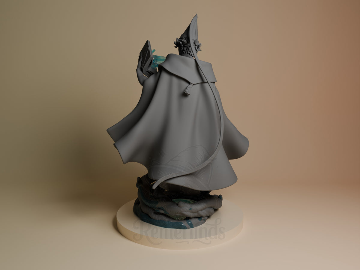 Qifrey resin figure from Witch Hat Atelier, shown from left angle wearing pointed hat and cape, holding staffs, partially painted with black and teal details on cream base.