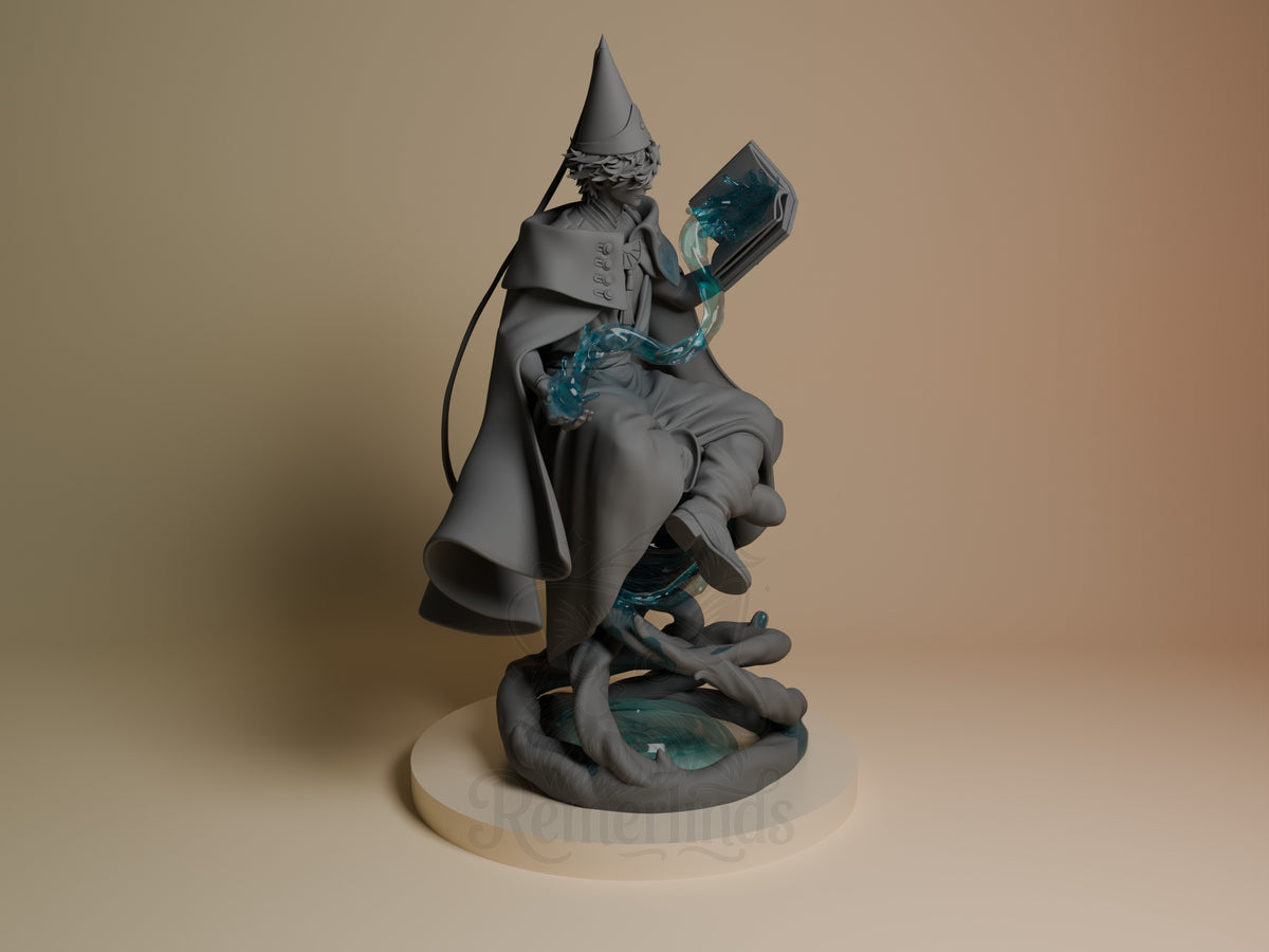 Qifrey resin figure from Witch Hat Atelier shown from the right side, wearing pointed hat and coat, holding blue crystal books, mounted on cream base.