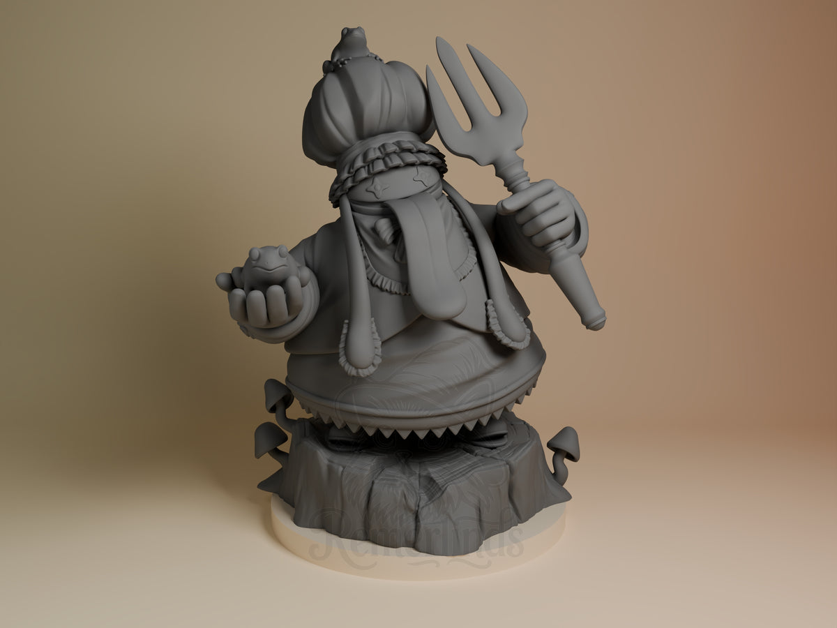 Front view of Quina Quen from Final Fantasy, an unpainted resin figure holding a fork on a sculpted base.