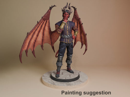 Raphael resin figure from Baldur's Gate with red demon wings spread wide, wearing ornate blue and gold armor, standing on circular base, painted.