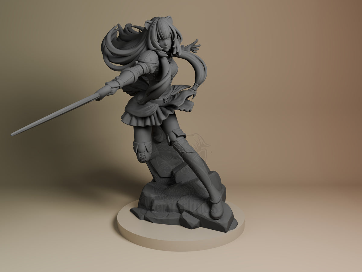 Noble Guardian Defender's Ascend 3D printed resin figure by Nomnom, unpainted front view. The resin miniature depicts a dynamic action pose of a female warrior named Noble Guardian from the Defender's Ascend series. She is lunging forward from a rocky base, wielding a long sword in her right hand and wearing detailed armor pieces, a short skirt, and flowing hair that adds motion to the figure's overall composition.
