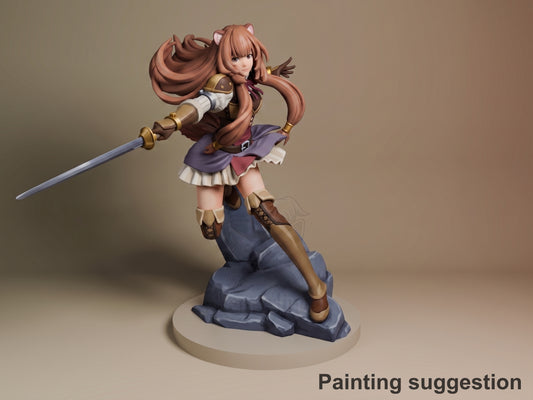 Painted Raphtalia resin figure from The Rising of the Shield Hero lunges on a rocky base.