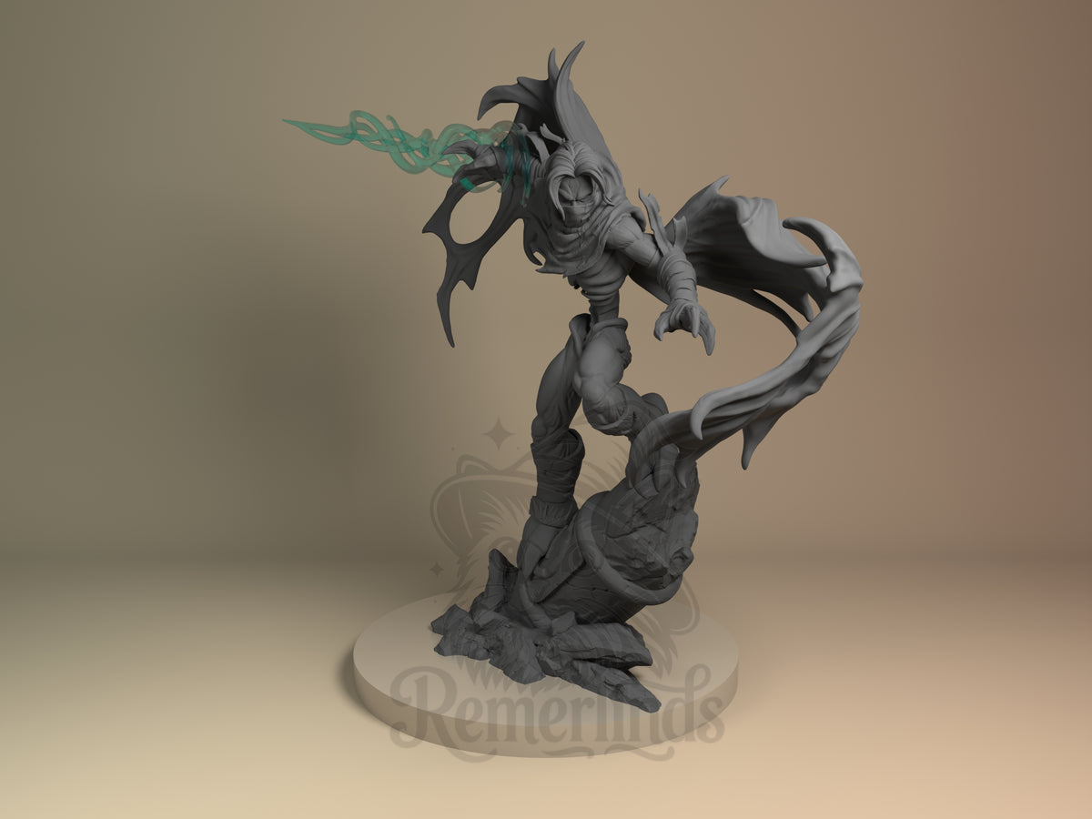 Raziel Soul Reaver 3D printed resin figure by Nomnom, unpainted front view. The miniature depicts Raziel in an energetic, mid-action pose, balancing dynamically on a rocky base. His flowing cape and wild hair add a sense of motion, while emitting ethereal energy from one raised arm enhances the supernatural theme. The detailed armor and muscular form underline the character's aggressive and spectral nature from the Soul Reaver series.