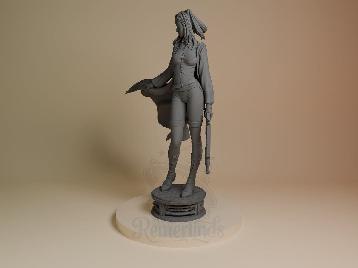 Re-L Mayer resin figure from Ergo Proxy shown from side angle, standing on decorative base, holding rifle, unpainted gray finish.