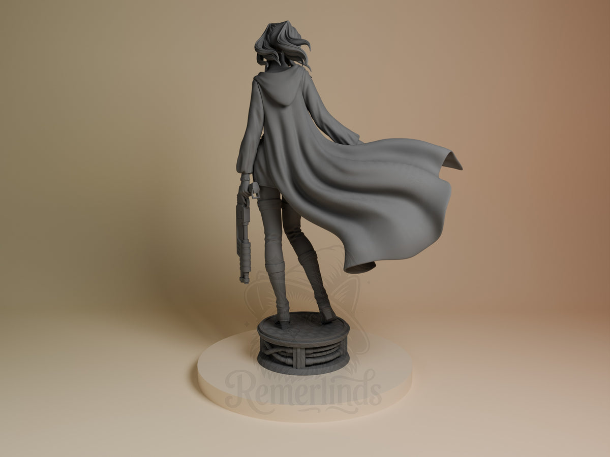 Re-L Mayer resin figure from Ergo Proxy shown from behind, flowing cape extended, holding weapon, standing on circular base.