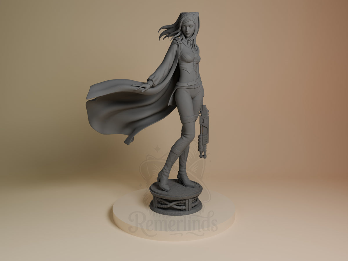 Re-L Mayer resin figure from Ergo Proxy in dynamic pose with flowing cape, holding weapon, unpainted gray finish on decorative base, front angle view.