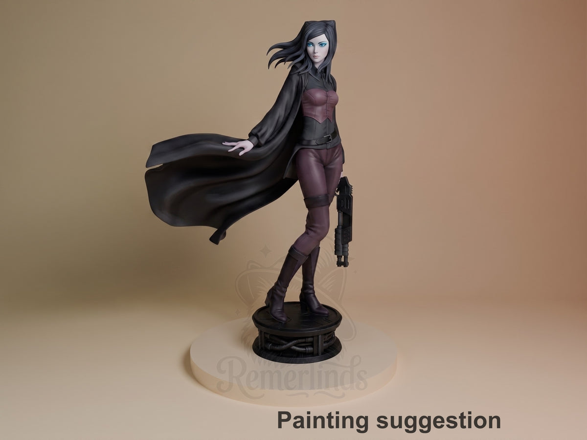Re-L Mayer resin figure in painted purple and black outfit with flowing cape, posed on decorative base, holding blaster.