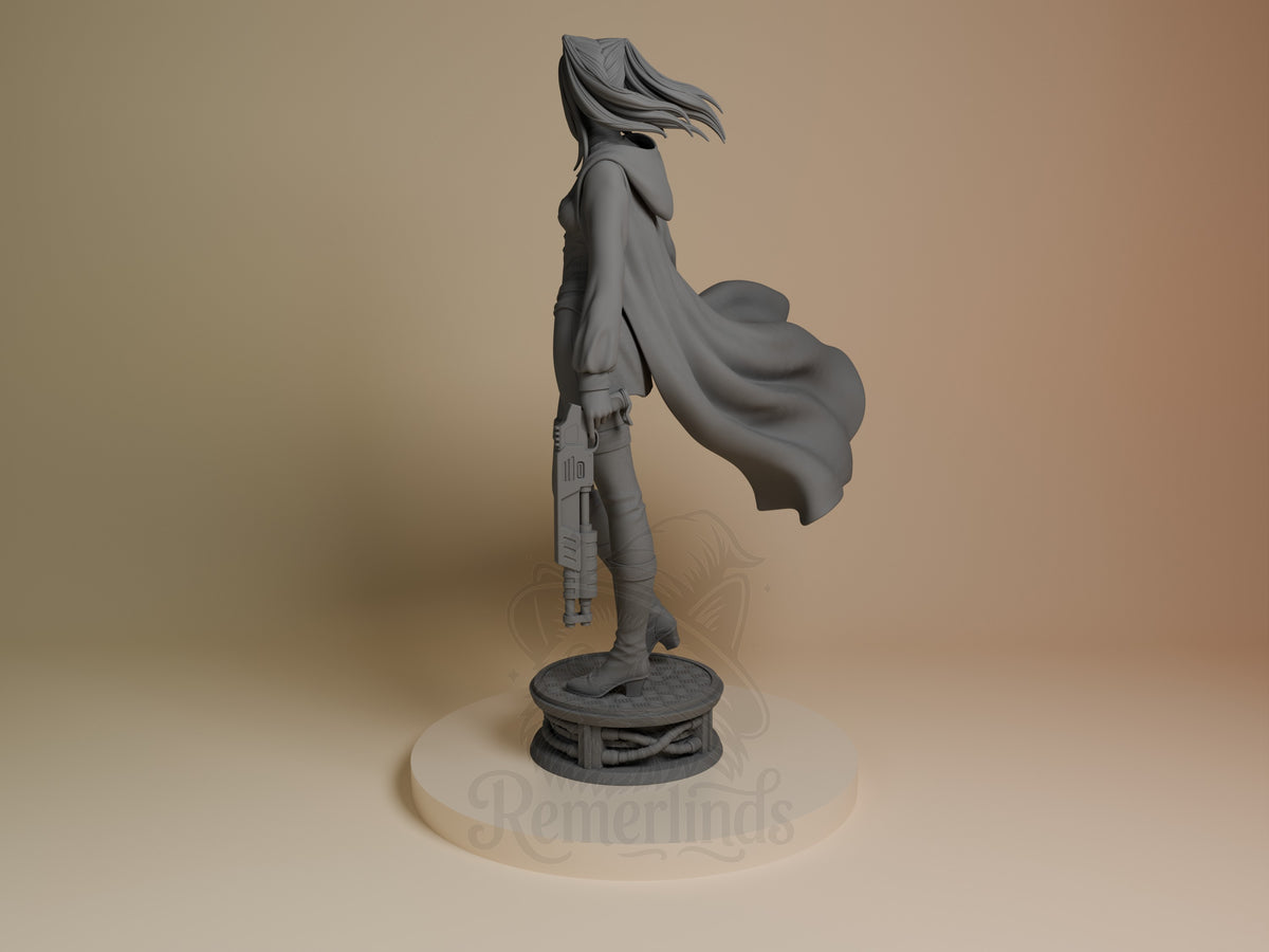 Re-L Mayer resin figure from Ergo Proxy shown from side angle, standing on circular base with flowing cape, unpainted gray resin.