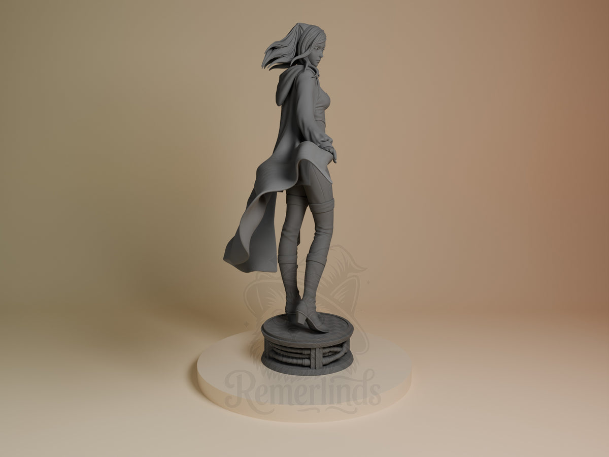 Re-L Mayer resin figure from Ergo Proxy shown in right profile, standing on circular base, unpainted gray with flowing cape and detailed outfit.