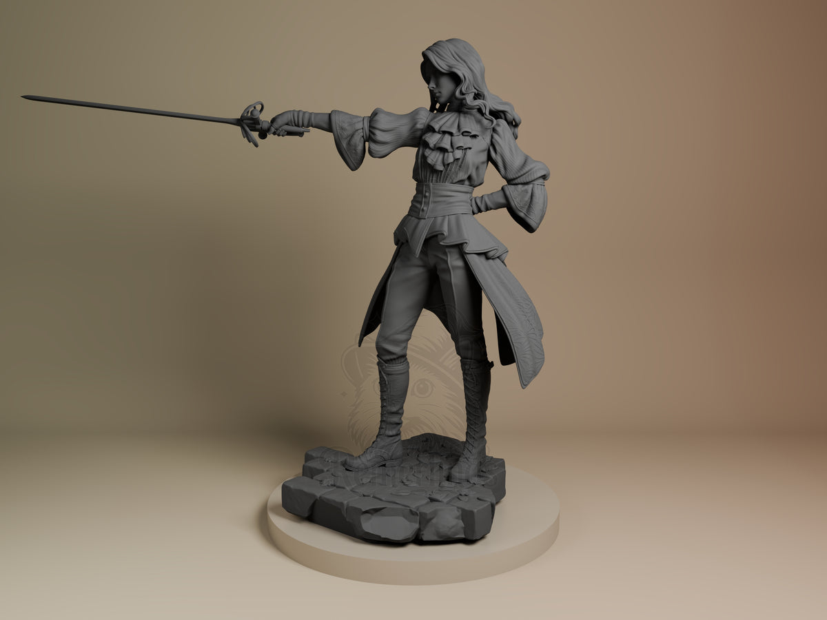 Real Maelle from Expedition 33 resin figure in dynamic sword-fighting pose, unpainted gray primer, detailed base, angled side view.