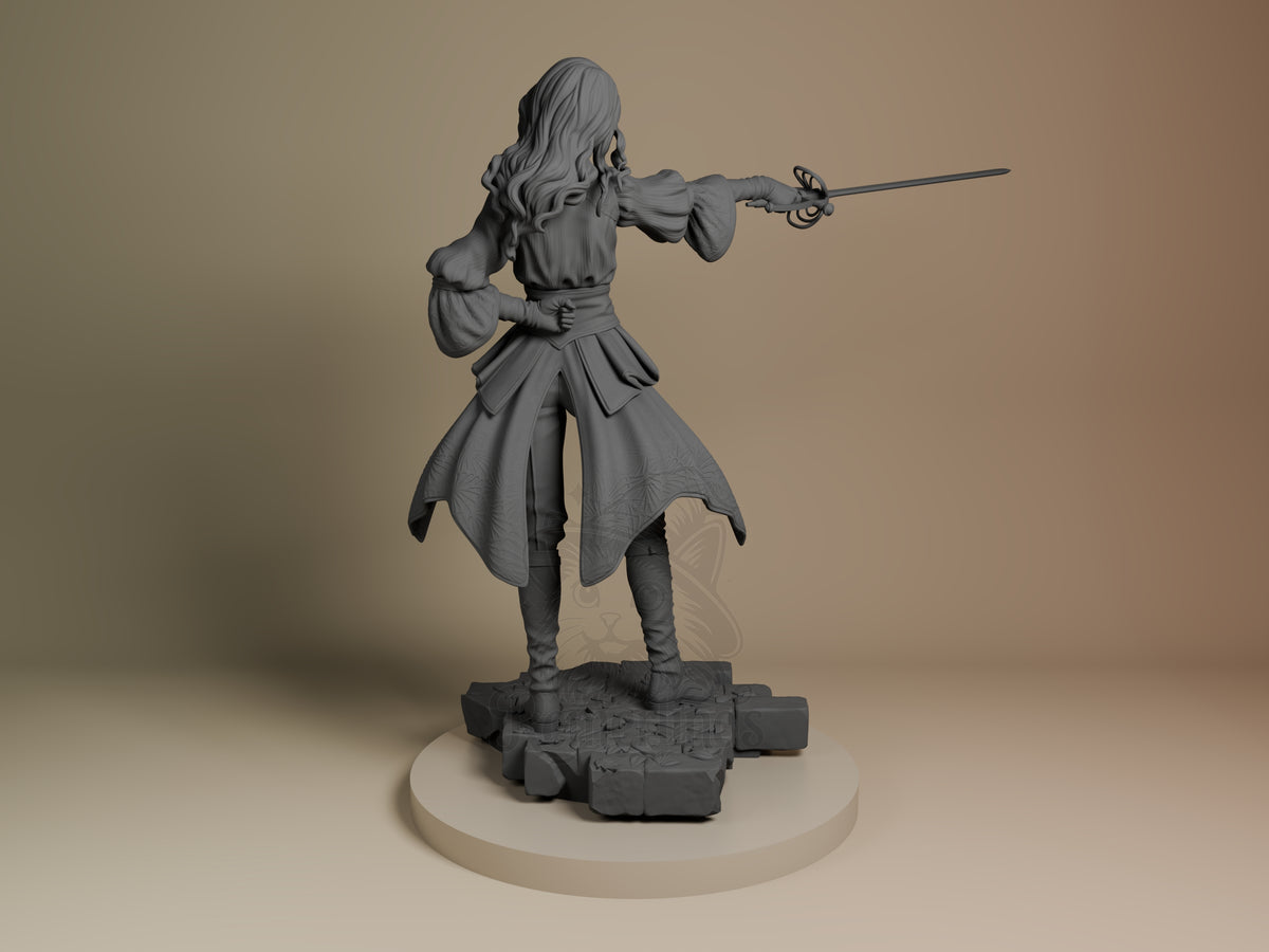 Rear view of unpainted resin figure Maelle from Expedition 33, wielding rapier with right arm extended, long wavy hair visible, detailed skirt and puffy sleeves, standing on textured base.