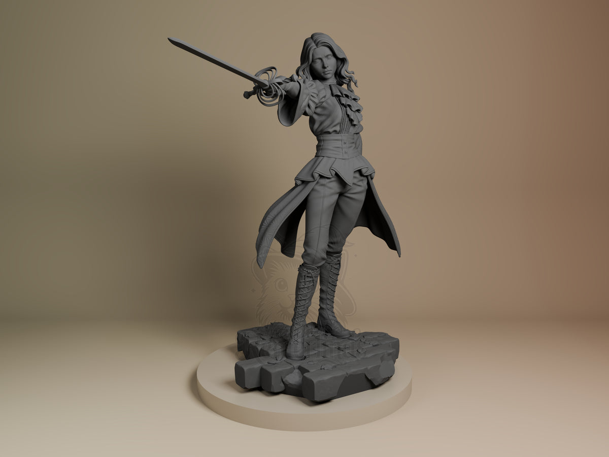 Resin figure of Maelle from Expedition 33 in dynamic sword-ready pose, unpainted gray finish, flowing coat detail, standing on textured base.
