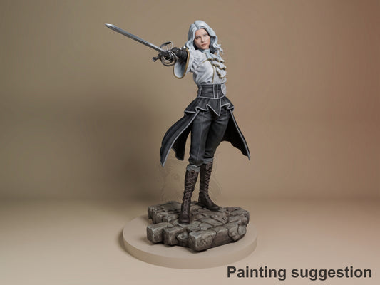 Painted resin figure of Maelle from Expedition 33 in dynamic pose with sword raised, white hair, black outfit, standing on textured stone base.