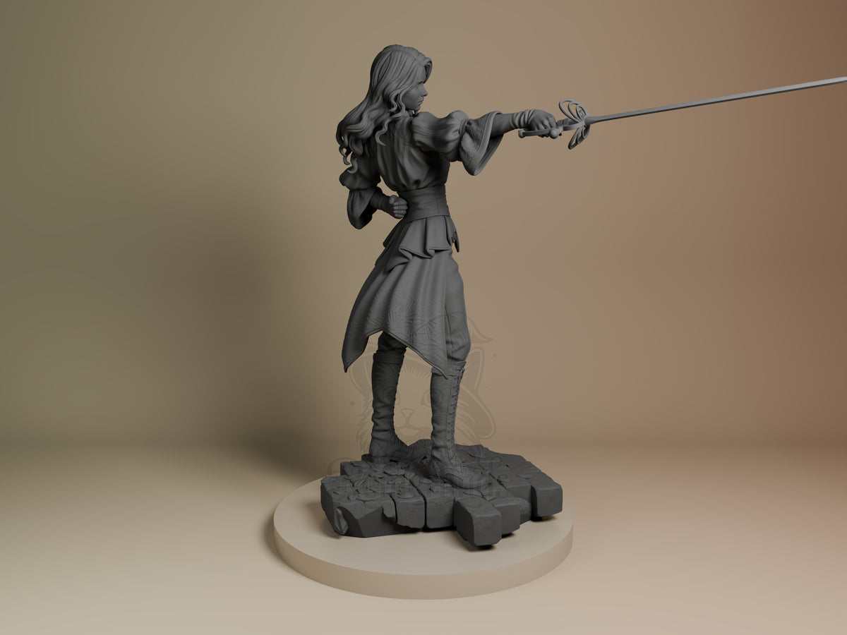Resin figure of Real Maelle from Expedition 33 posed with rapier raised, long hair flowing, standing on rocky base, shown from right profile angle.