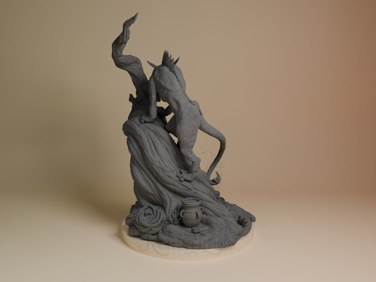Red XIII from Final Fable resin figure by Nomnom, rear view showing back and base sculpt.