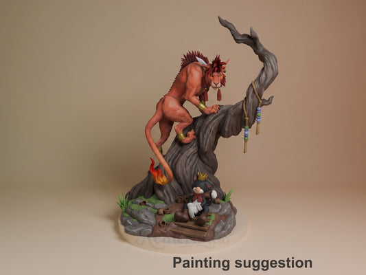 Front-view painted Red XIII from Final Fantasy resin figure crouches on a twisted tree base.