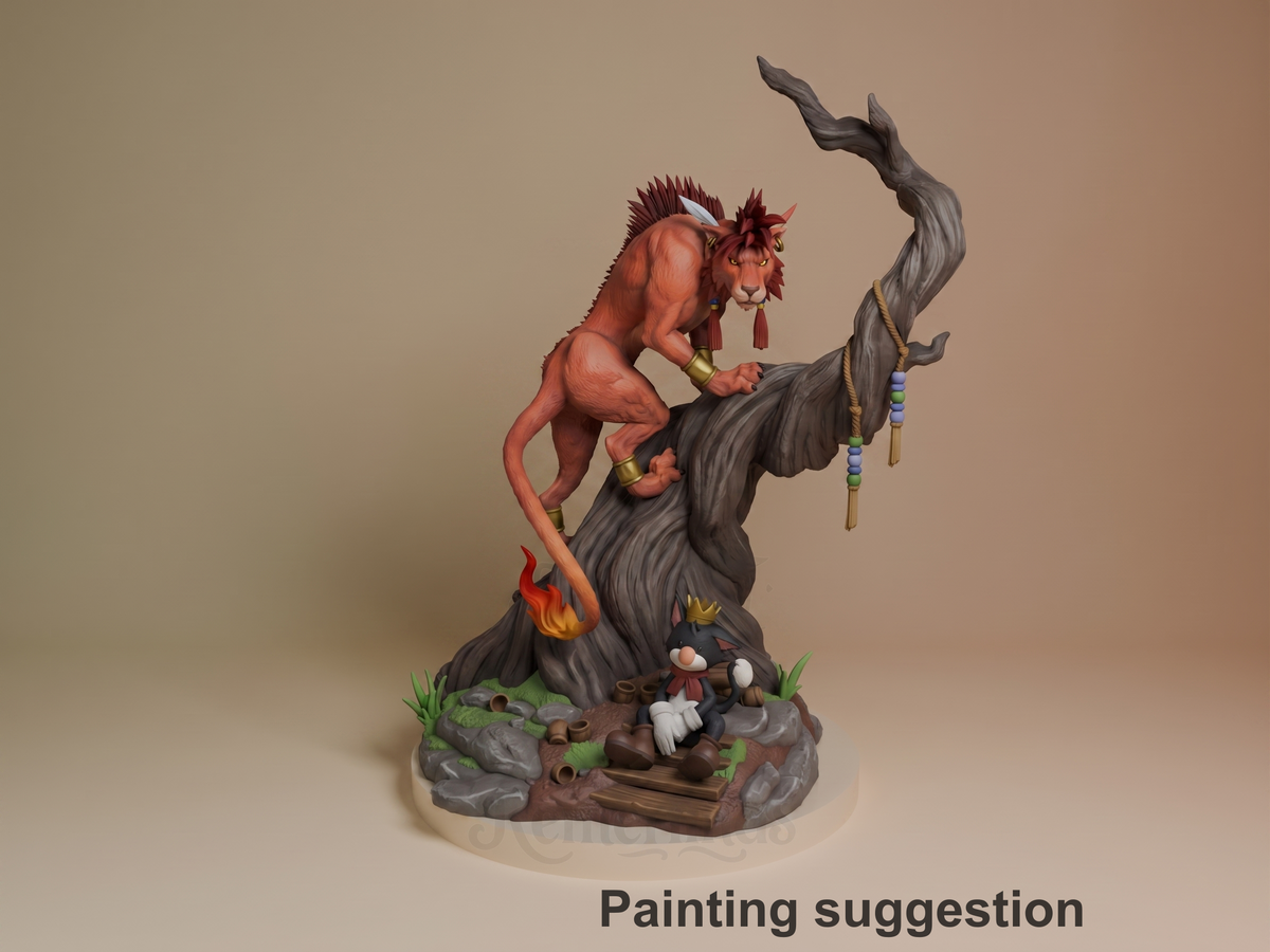 Red XIII Final Fable 3D printed resin figure by Nomnom, colored view.
